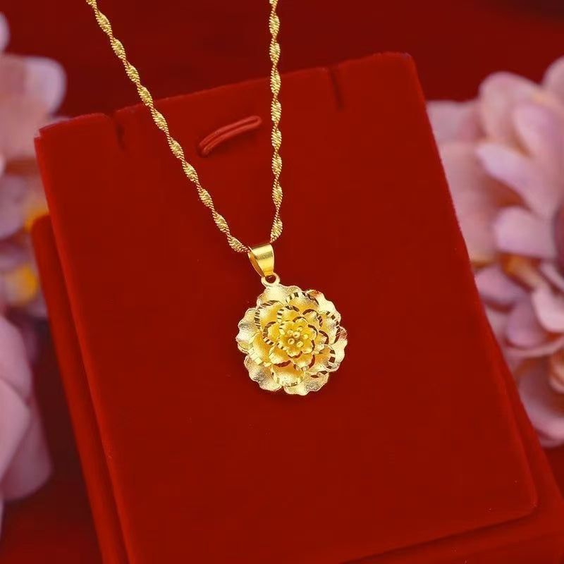 Gold Blooming Peony Pendant Necklace – 3D Sculpted Floral with Twisted Chain