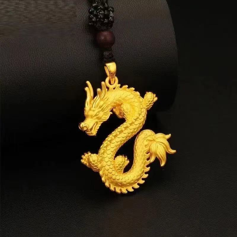 Gold Solid Dragon Pendant Necklace – 3D Sculpted Chinese Dragon with Rope Chain