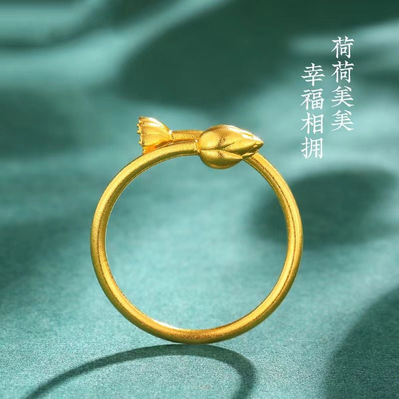 Gold Lotus Bud Open Ring – Dual Flower Tips