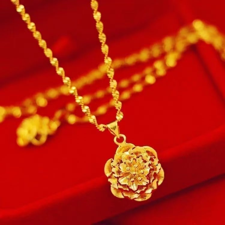 Gold Blooming Peony Pendant Necklace – 3D Sculpted Floral with Twisted Chain