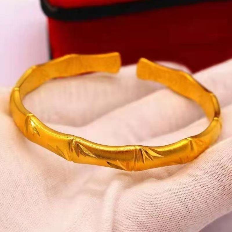 Gold Bamboo Joint Cuff Bangle – Sand Gold Open Bracelet with Engraved Bamboo & Leaf Pattern