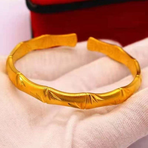 Gold Bamboo Joint Cuff Bangle – Sand Gold Open Bracelet with Engraved Bamboo & Leaf Pattern