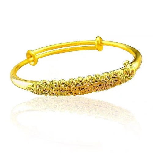 24K Gold Plated Peacock Bangle - Sand Gold Heavy Cuff Bracelet for Women (15.11g)
