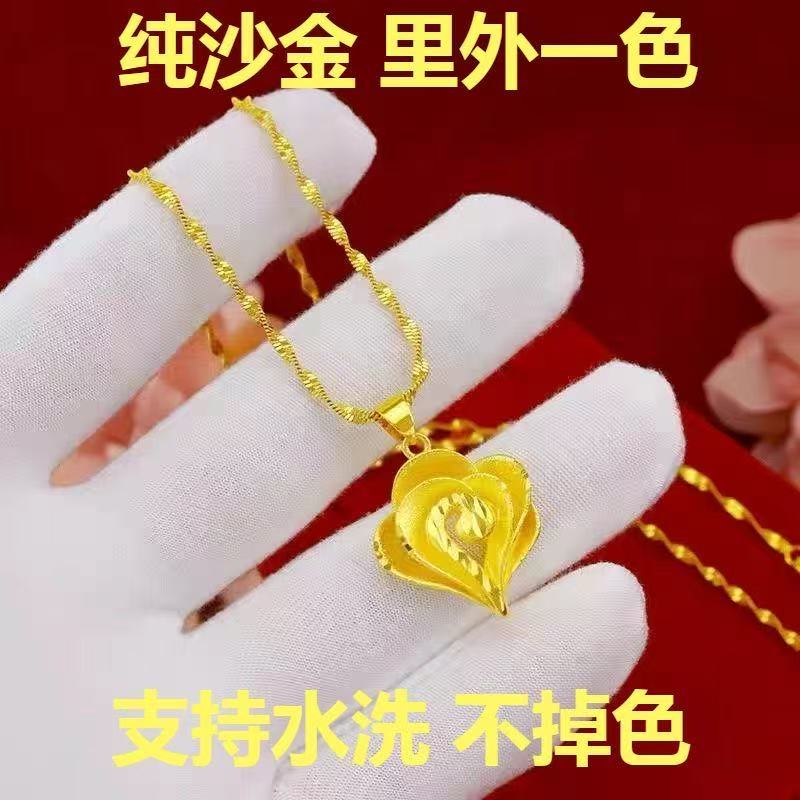 Gold Sand Heart Rose Pendant Necklace – Waterproof Sand Gold with Twisted Chain