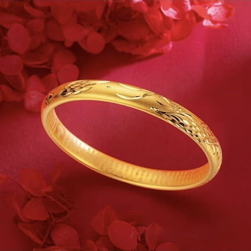Gold Phoenix & Starlight Engraved Bangle – Sand Gold Solid Bracelet with Auspicious Carvings
