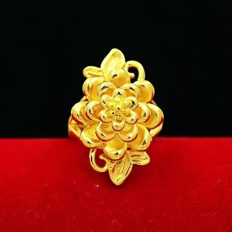 Gold Blooming Peony Statement Ring – 3D Layered Floral with Leaf Accents