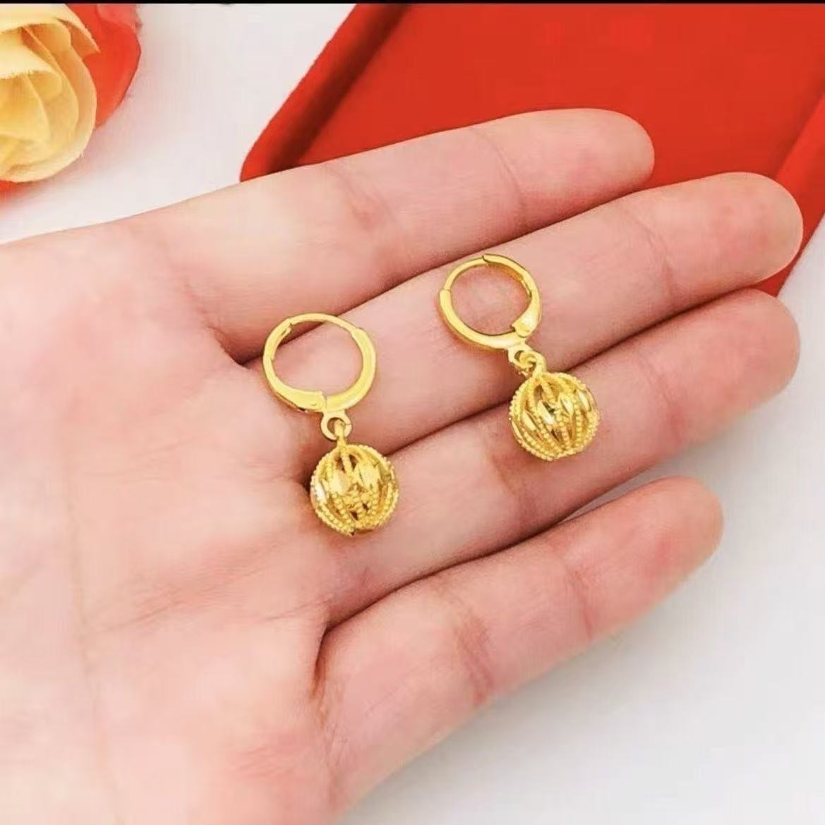 Lucky Hollow Gold Ball Sand Gold Hoop Drop Earrings