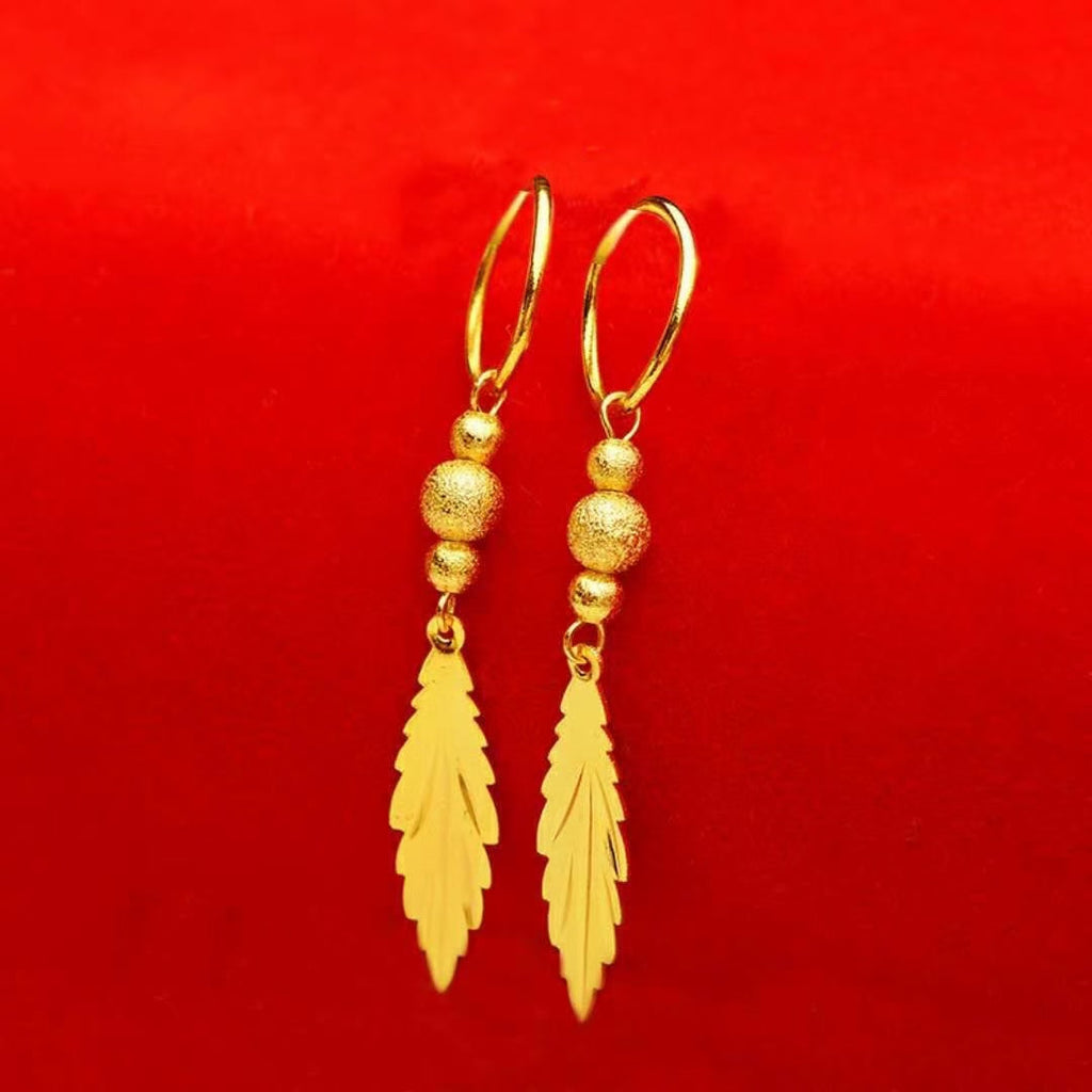 Golden Feather Leaf Sand Gold Drop Earrings