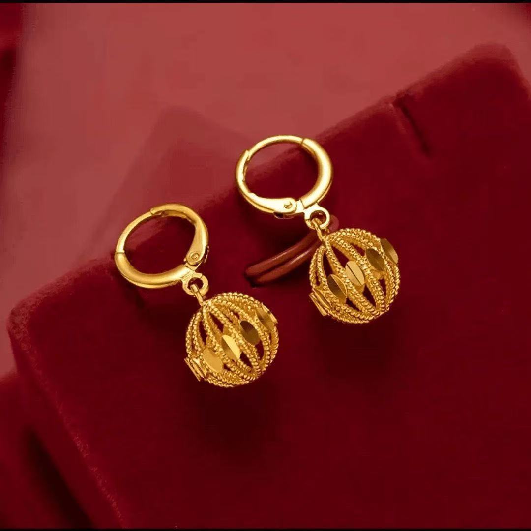 Lucky Hollow Gold Ball Sand Gold Hoop Drop Earrings