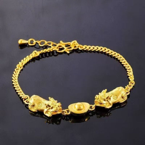Double Pixiu Wealth Bracelet – Sand Gold