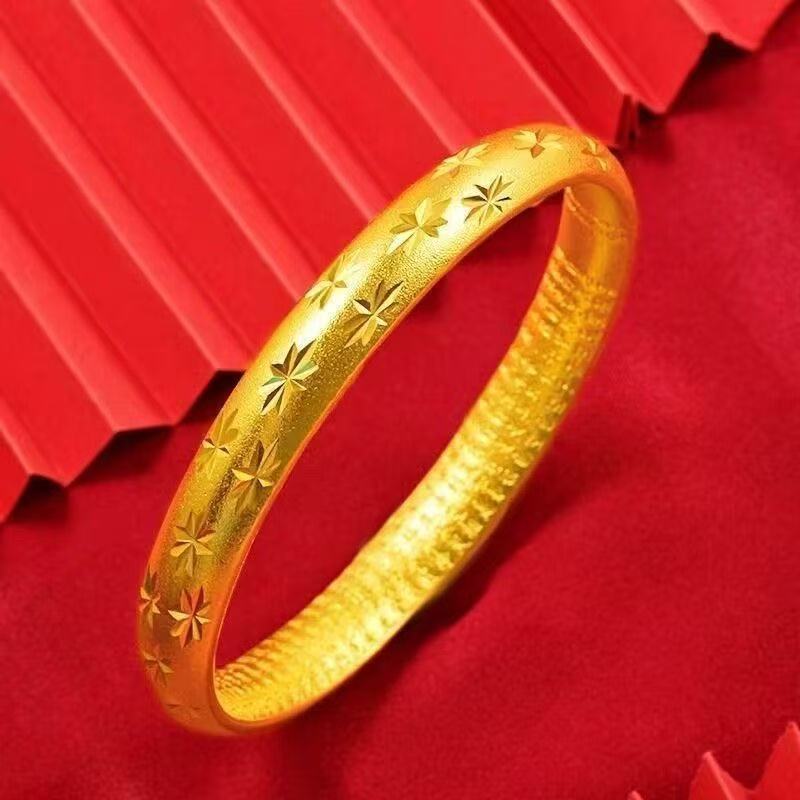 Gold Phoenix & Starlight Engraved Bangle – Sand Gold Solid Bracelet with Auspicious Carvings