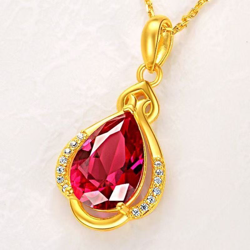 Gold Ruby Teardrop Pendant Necklace – Sand Gold with Red Crystal & Diamond Accents