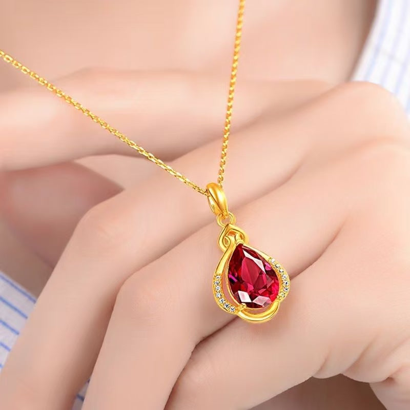 Gold Ruby Teardrop Pendant Necklace – Sand Gold with Red Crystal & Diamond Accents