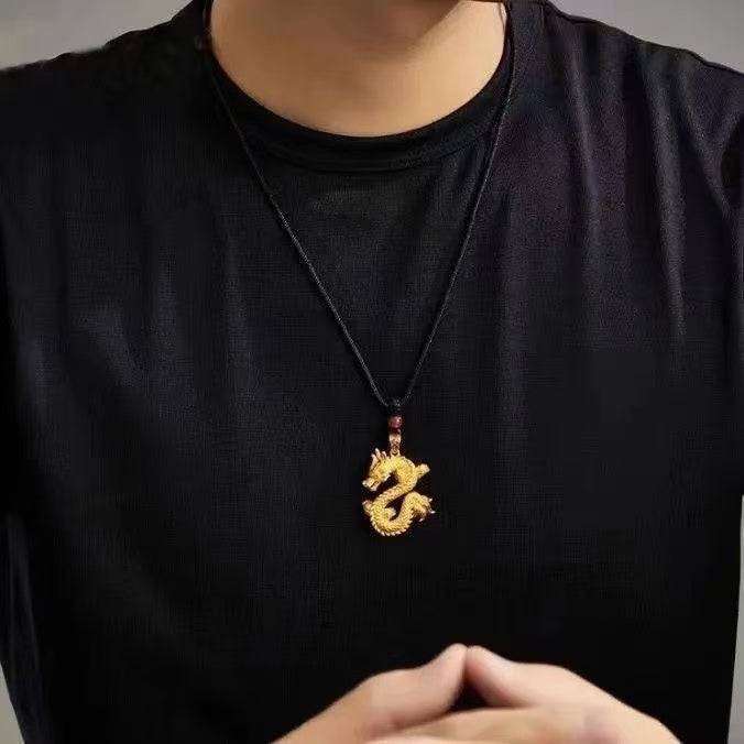 Gold Solid Dragon Pendant Necklace – 3D Sculpted Chinese Dragon with Rope Chain