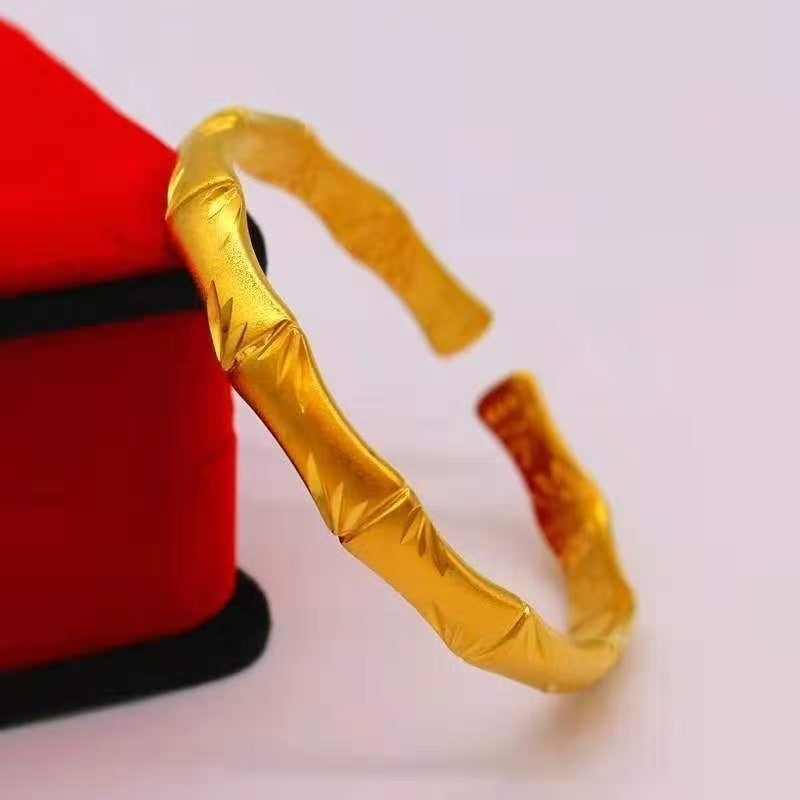 Gold Bamboo Joint Cuff Bangle – Sand Gold Open Bracelet with Engraved Bamboo & Leaf Pattern