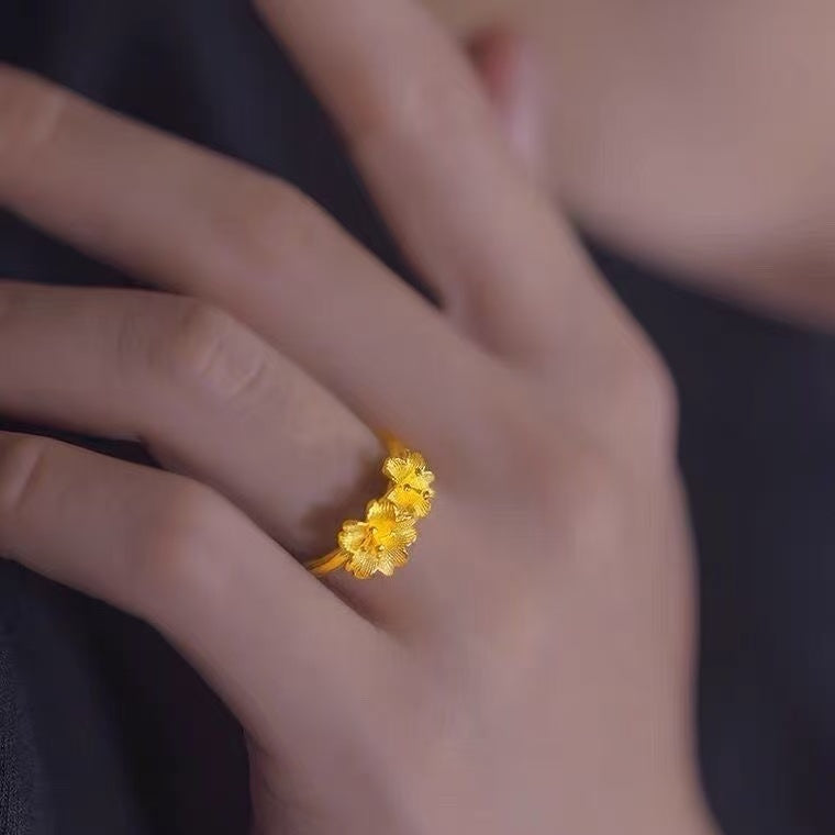 Gold Twin Cherry Blossom Ring – Textured Dual Flower Band