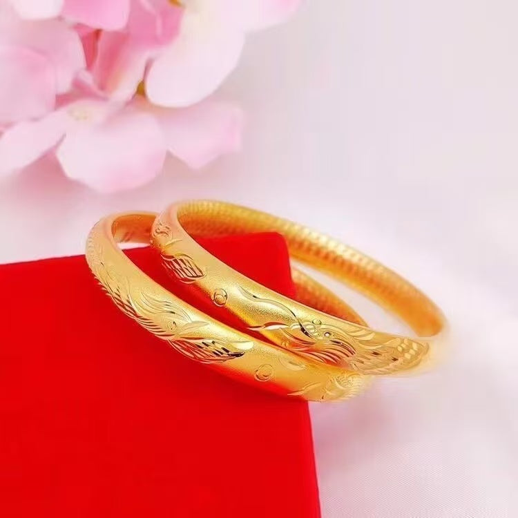 Gold Phoenix & Starlight Engraved Bangle – Sand Gold Solid Bracelet with Auspicious Carvings