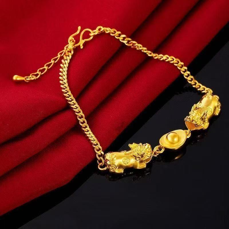 Double Pixiu Wealth Bracelet – Sand Gold
