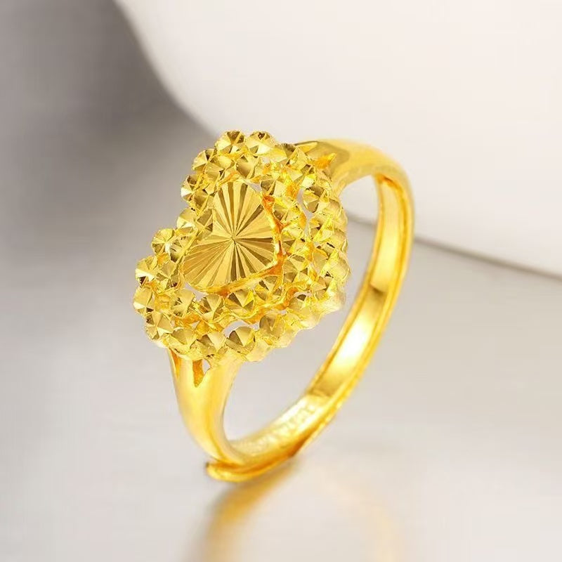 Heart-to-Heart Sand Gold Ring — Adjustable Diamond-Cut Love Ring